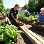 **A vibrant community garden with diverse people of all ages planting vegetables and flowers, showcasing citizen participation in a local sustainability project. Sunlight dappling through the trees, creating a sense of collaboration and positive energy. Focus on natural materials and eco-friendly practices.** (This represents Bürgerbeteiligung bei Umweltprojekten & Lokale Initiativen fördern)