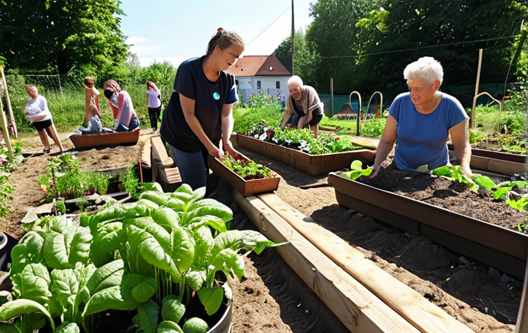 **A vibrant community garden with diverse people of all ages planting vegetables and flowers, showcasing citizen participation in a local sustainability project. Sunlight dappling through the trees, creating a sense of collaboration and positive energy. Focus on natural materials and eco-friendly practices.** (This represents Bürgerbeteiligung bei Umweltprojekten & Lokale Initiativen fördern)