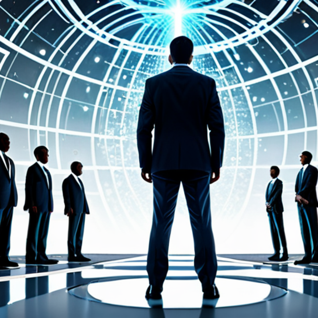 A professional, thoughtful individual in a modest business suit, standing within a visually split, conceptual digital landscape. On the left side, towering, monolithic data structures representing centralized power, with tiny, uniform figures gazing upwards passively. On the right side, an intricate, glowing network of interconnected nodes and larger, diverse figures actively collaborating and shaping the environment. The overall scene is a futuristic, high-tech abstract space, rendered with professional digital art quality, sharp focus, fully clothed, appropriate attire, safe for work, perfect anatomy, correct proportions, natural pose, well-formed hands, proper finger count, natural body proportions, family-friendly.