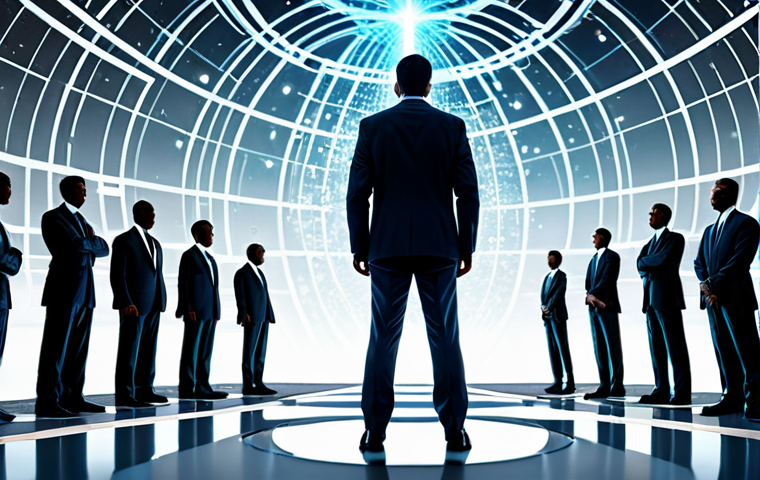 A professional, thoughtful individual in a modest business suit, standing within a visually split, conceptual digital landscape. On the left side, towering, monolithic data structures representing centralized power, with tiny, uniform figures gazing upwards passively. On the right side, an intricate, glowing network of interconnected nodes and larger, diverse figures actively collaborating and shaping the environment. The overall scene is a futuristic, high-tech abstract space, rendered with professional digital art quality, sharp focus, fully clothed, appropriate attire, safe for work, perfect anatomy, correct proportions, natural pose, well-formed hands, proper finger count, natural body proportions, family-friendly.