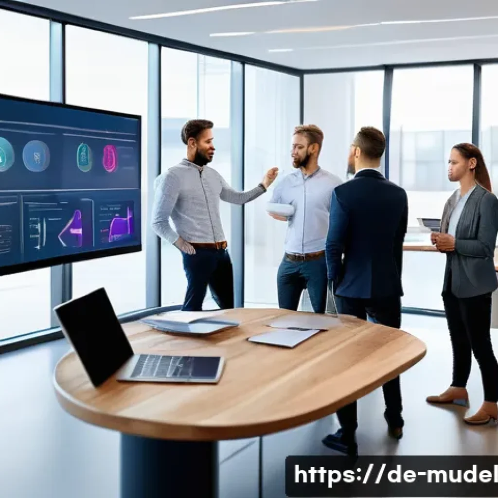 거버넌스 모델 개발을 위한 주요 도구 - A modern corporate office scene showing a diverse German project team collaborating around a large d...