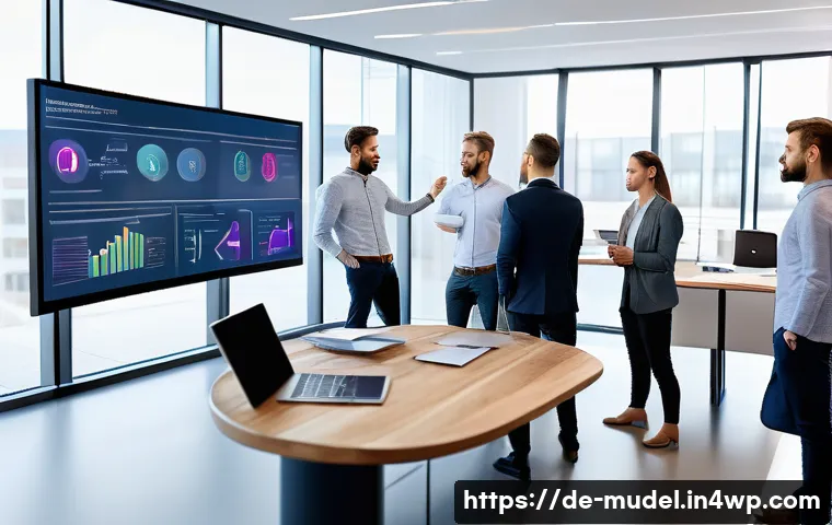 거버넌스 모델 개발을 위한 주요 도구 - A modern corporate office scene showing a diverse German project team collaborating around a large d...