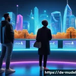 Home 20 가상 세계 내 지속 가능한 거버넌스 구축 - A futuristic virtual community governance scene showing diverse users engaging in a blockchain-based...