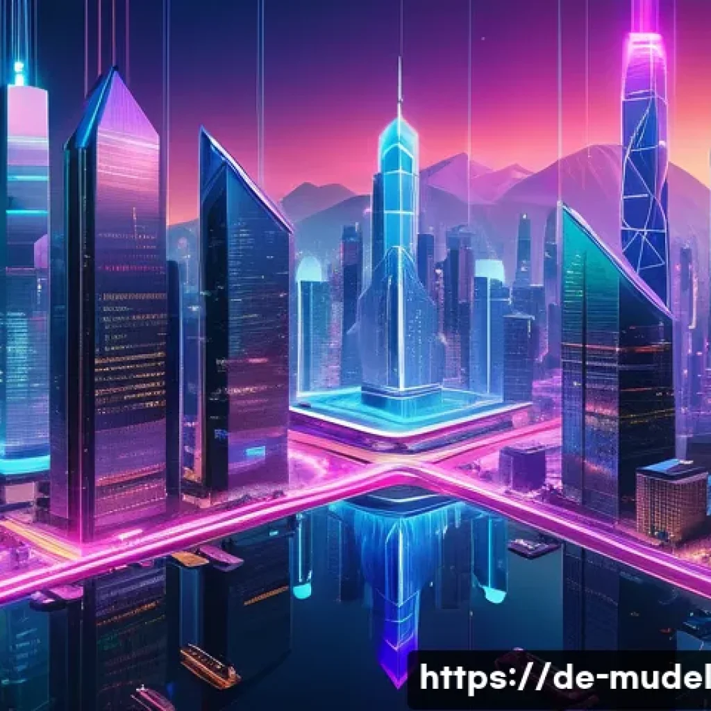 가상 세계 거버넌스의 데이터 관리 - A futuristic digital cityscape representing a decentralized virtual world governance system, with gl...