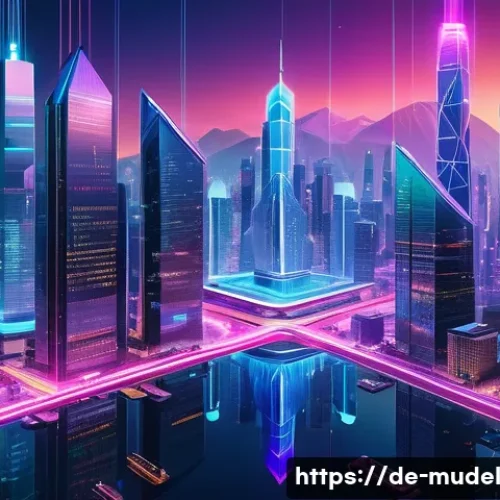 Home 31 가상 세계 거버넌스의 데이터 관리 - A futuristic digital cityscape representing a decentralized virtual world governance system, with gl...