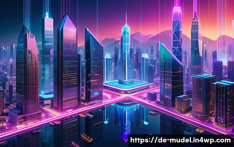가상 세계 거버넌스의 데이터 관리 - A futuristic digital cityscape representing a decentralized virtual world governance system, with gl...