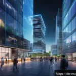 Home 23 가상 세계에서의 규제와 거버넌스의 관계 - A futuristic digital community hub inside a virtual cityscape, showing diverse users actively partic...
