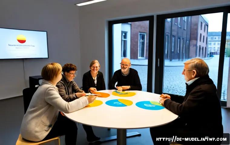 Home 17 가상 세계 내 정책 결정 과정 이해하기 - Photorealistic modern German civic innovation workshop, diverse adult residents seated around a clea...